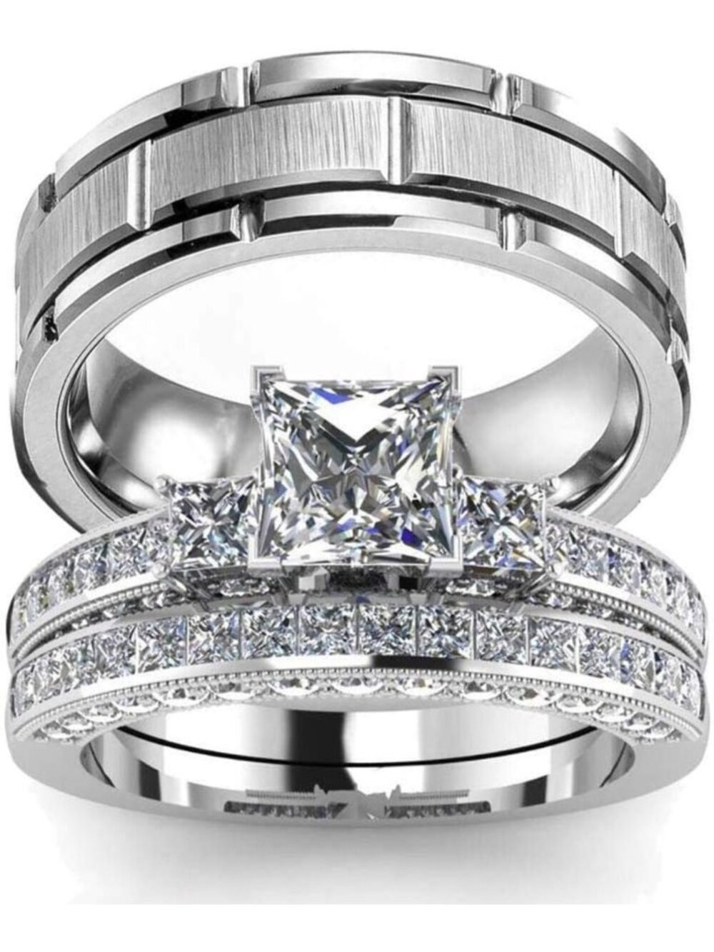 Elegant His & Hers Wedding Ring Set - 925 Sterling Silver & Stainless Steel